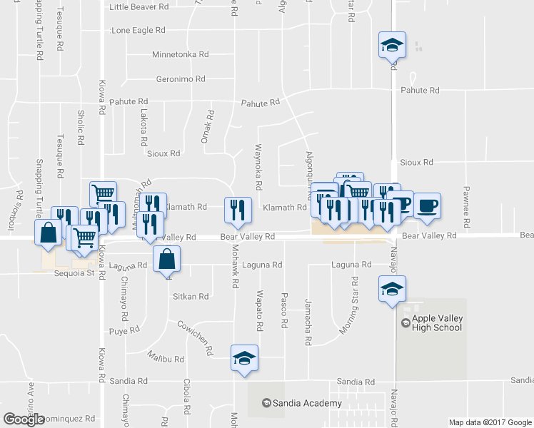 map of restaurants, bars, coffee shops, grocery stores, and more near 21350 Klamath Road in Apple Valley
