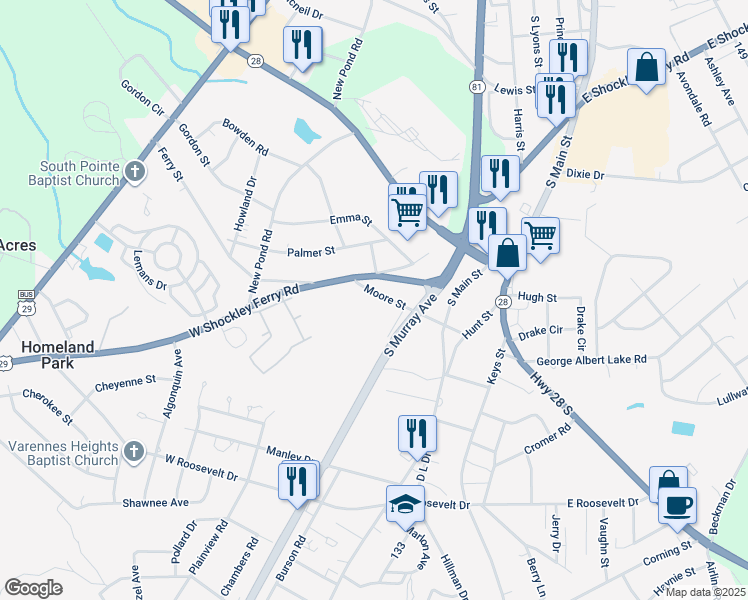 map of restaurants, bars, coffee shops, grocery stores, and more near 207 Moore Street in Anderson