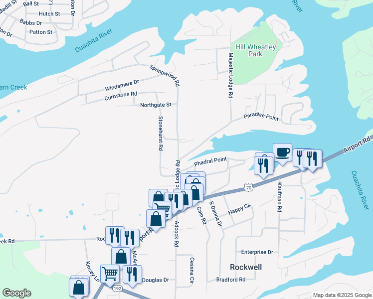 map of restaurants, bars, coffee shops, grocery stores, and more near 100 Springwood Road in Rockwell