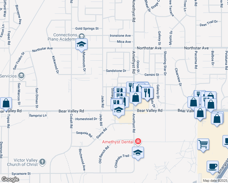 map of restaurants, bars, coffee shops, grocery stores, and more near 13654 Opal Circle in Victorville