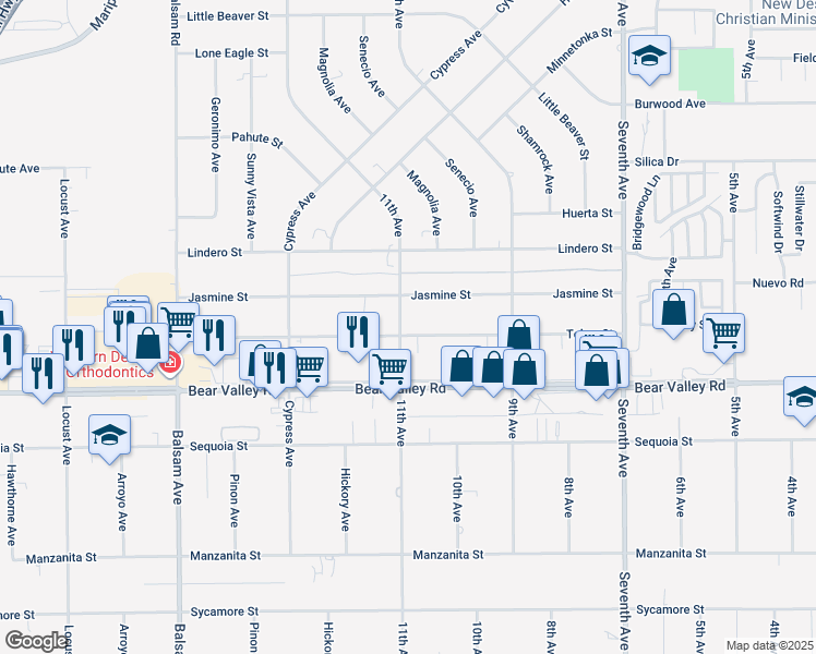map of restaurants, bars, coffee shops, grocery stores, and more near 15716 Tokay Street in Victorville