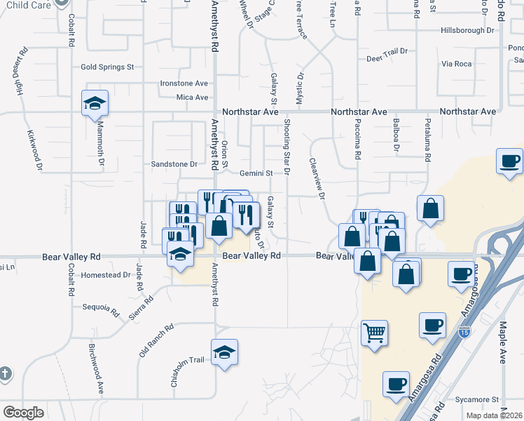 map of restaurants, bars, coffee shops, grocery stores, and more near 12225 Pluto Drive in Victorville