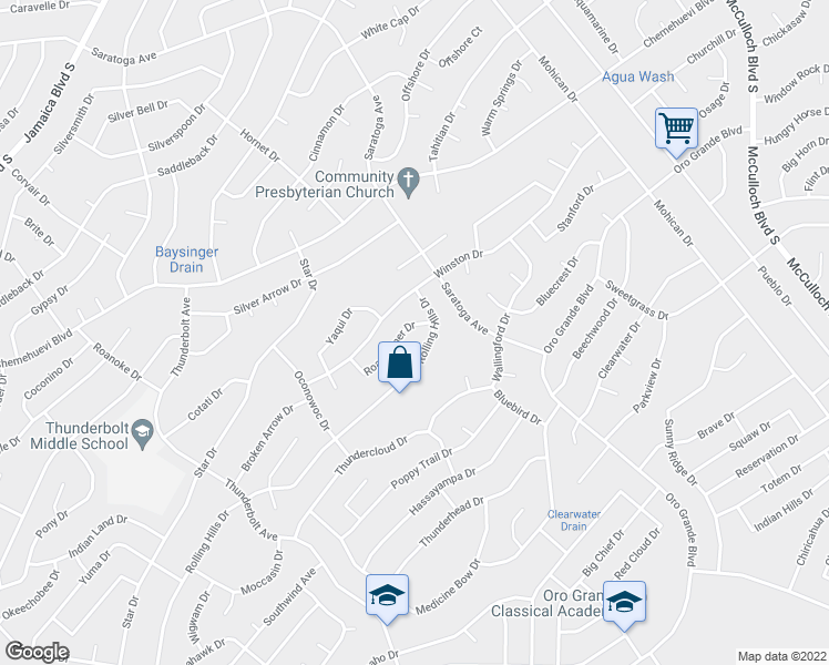 map of restaurants, bars, coffee shops, grocery stores, and more near 3390 Roadrunner Drive in Lake Havasu City