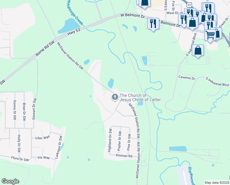 map of restaurants, bars, coffee shops, grocery stores, and more near 434 McDaniel Station Road Southwest in Calhoun