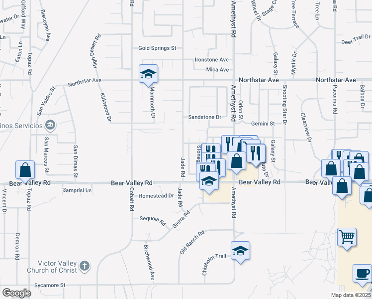 map of restaurants, bars, coffee shops, grocery stores, and more near 12228 Cobblestone Drive in Victorville