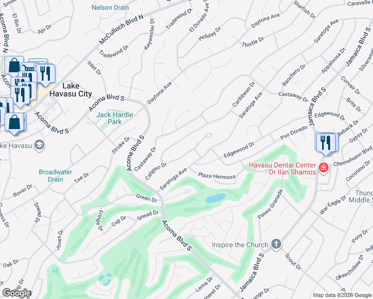 map of restaurants, bars, coffee shops, grocery stores, and more near 2581 Calypso Drive in Lake Havasu City