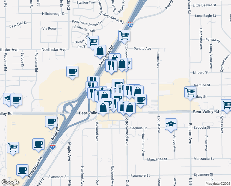 map of restaurants, bars, coffee shops, grocery stores, and more near 14845 Monarch Boulevard in Victorville
