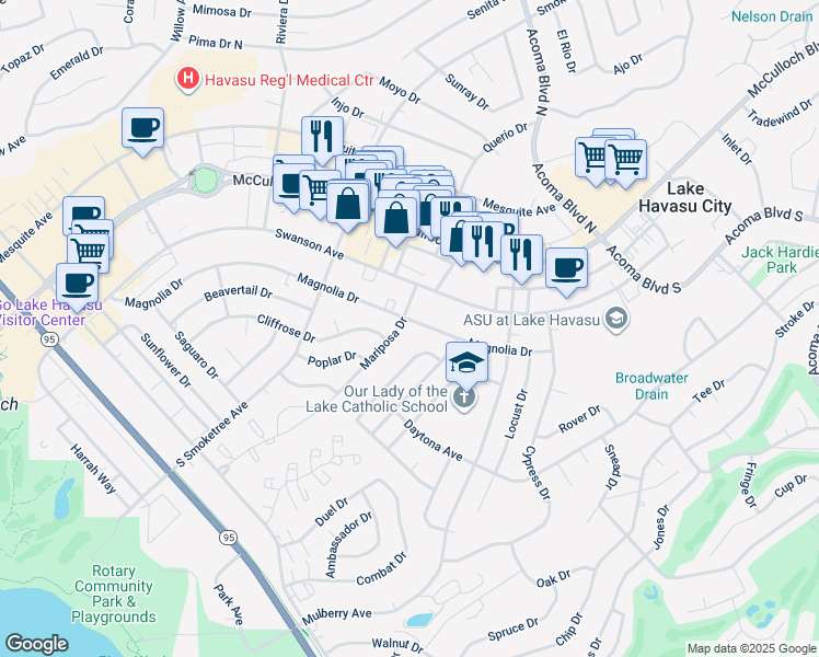 map of restaurants, bars, coffee shops, grocery stores, and more near 2001 Magnolia Drive in Lake Havasu City