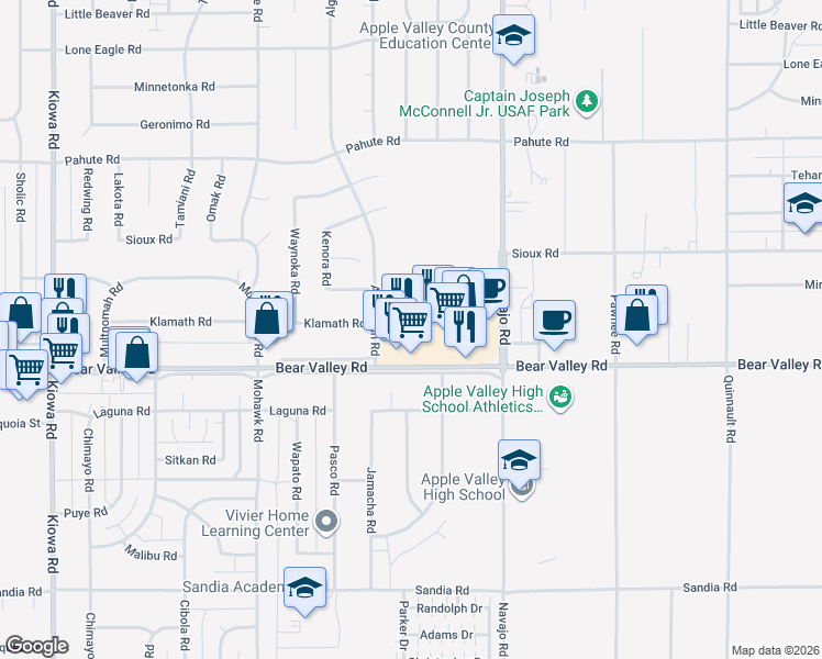 map of restaurants, bars, coffee shops, grocery stores, and more near in Apple Valley