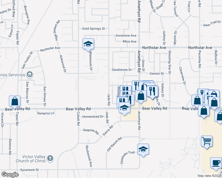 map of restaurants, bars, coffee shops, grocery stores, and more near 12228 Cobblestone Drive in Victorville