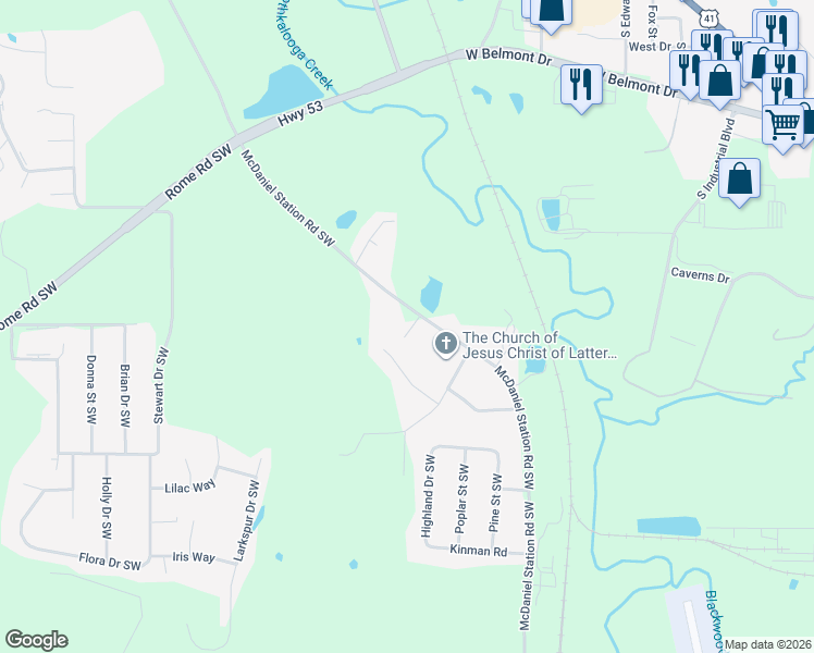 map of restaurants, bars, coffee shops, grocery stores, and more near 385 McDaniel Station Road Southwest in Calhoun