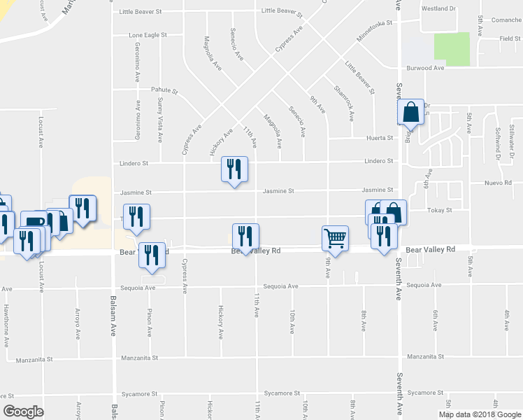 map of restaurants, bars, coffee shops, grocery stores, and more near 15716 Tokay Street in Victorville