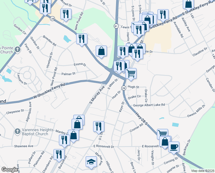 map of restaurants, bars, coffee shops, grocery stores, and more near 3014 South Main Street in Anderson