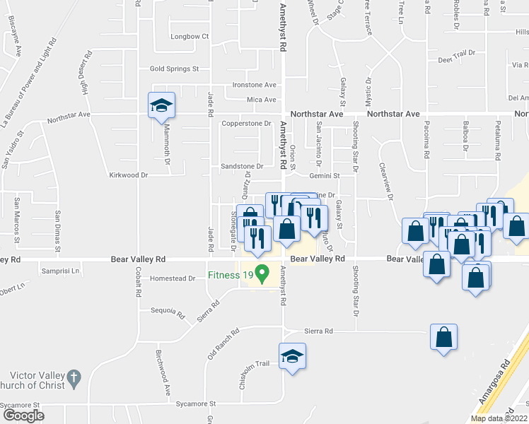 map of restaurants, bars, coffee shops, grocery stores, and more near 13649 Glenhaven Way in Victorville