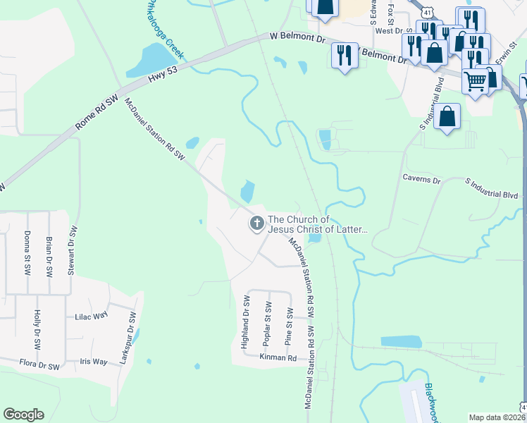 map of restaurants, bars, coffee shops, grocery stores, and more near 446 McDaniel Station Road Southwest in Calhoun