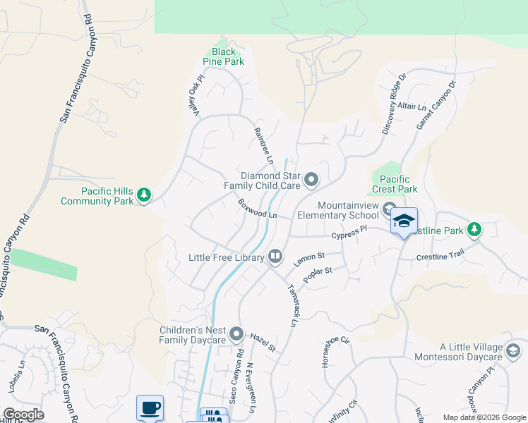 map of restaurants, bars, coffee shops, grocery stores, and more near 28802 Raintree Lane in Santa Clarita