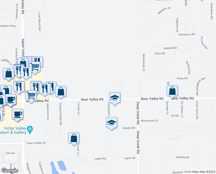 map of restaurants, bars, coffee shops, grocery stores, and more near 19968 Bear Valley Road in Apple Valley