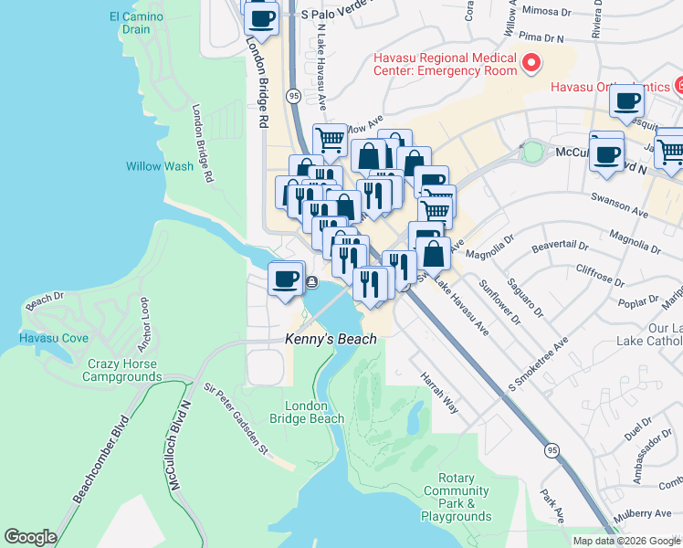 map of restaurants, bars, coffee shops, grocery stores, and more near 422 English Village in Lake Havasu City