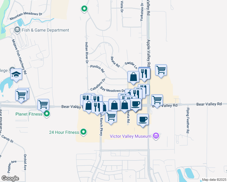 map of restaurants, bars, coffee shops, grocery stores, and more near Bay Meadows Drive in Apple Valley
