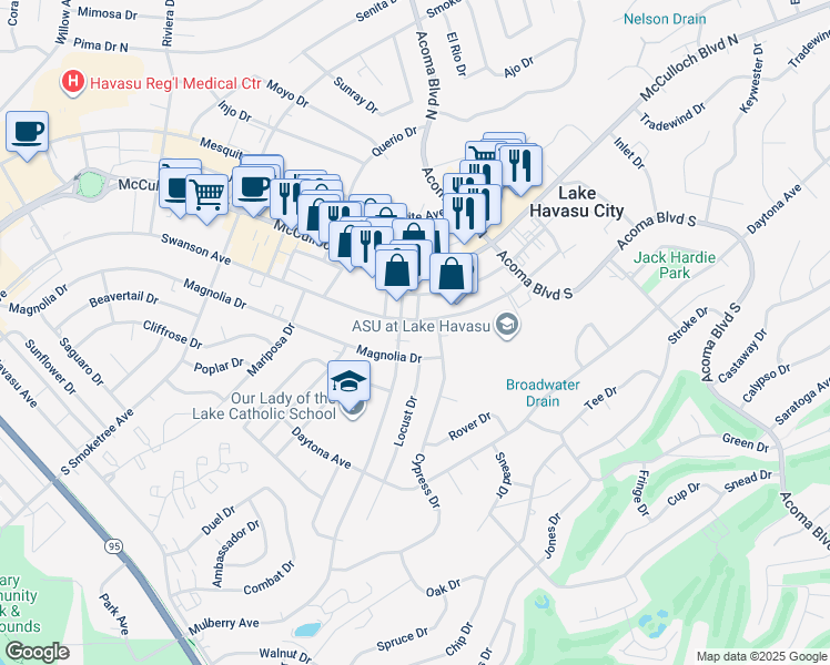 map of restaurants, bars, coffee shops, grocery stores, and more near 2094 Swanson Avenue in Lake Havasu City
