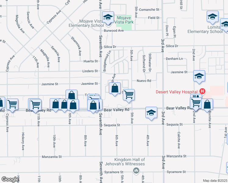 map of restaurants, bars, coffee shops, grocery stores, and more near 12217 6th Avenue in Victorville