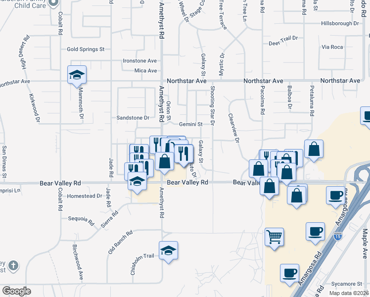 map of restaurants, bars, coffee shops, grocery stores, and more near 13756 Arthur Drive in Victorville
