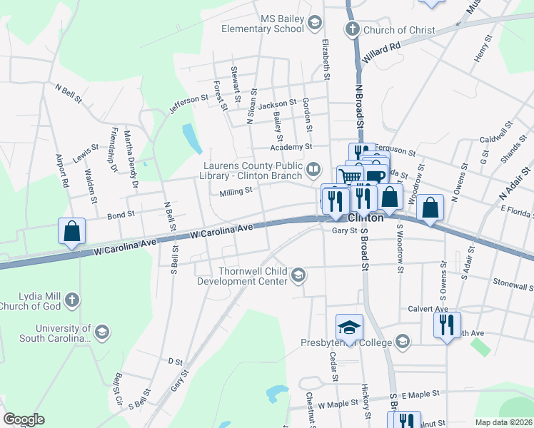 map of restaurants, bars, coffee shops, grocery stores, and more near 322 West Main Street in Clinton