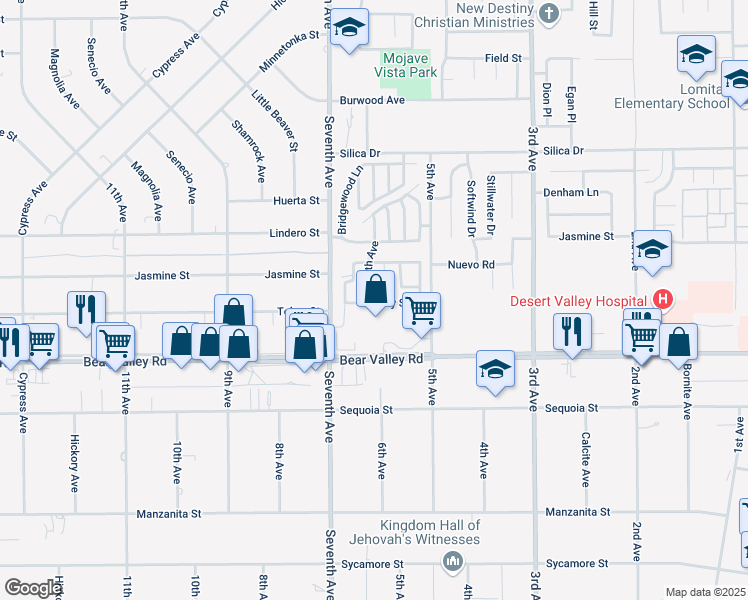 map of restaurants, bars, coffee shops, grocery stores, and more near 12205 6th Avenue in Victorville