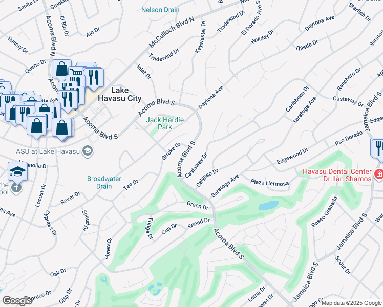 map of restaurants, bars, coffee shops, grocery stores, and more near 296 South Acoma Boulevard in Lake Havasu City
