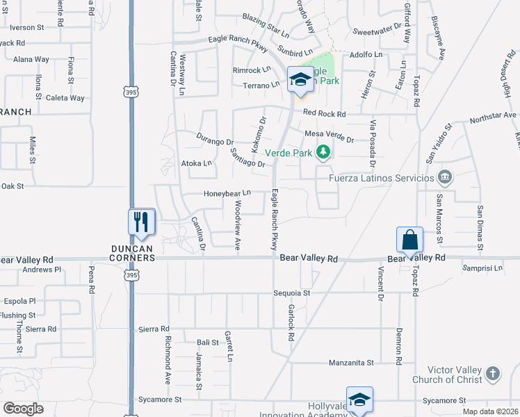 map of restaurants, bars, coffee shops, grocery stores, and more near 12244 Knobhill Lane in Victorville