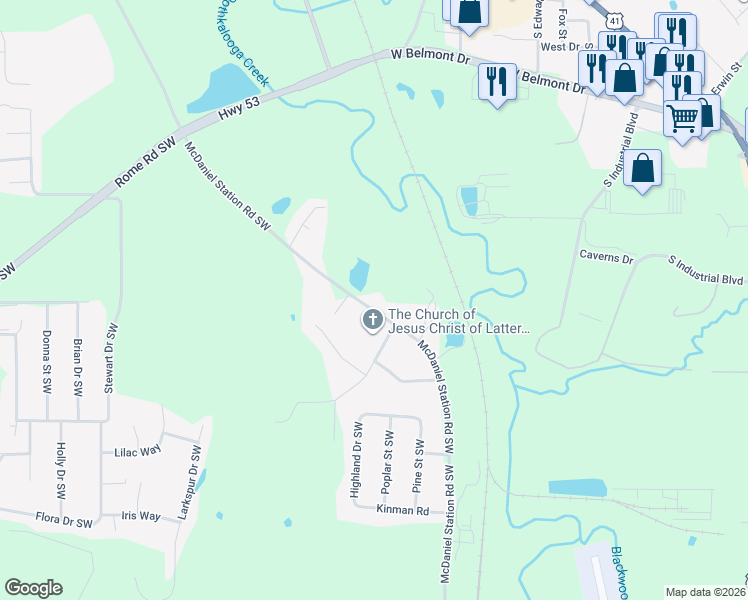 map of restaurants, bars, coffee shops, grocery stores, and more near 434 McDaniel Station Road Southwest in Calhoun