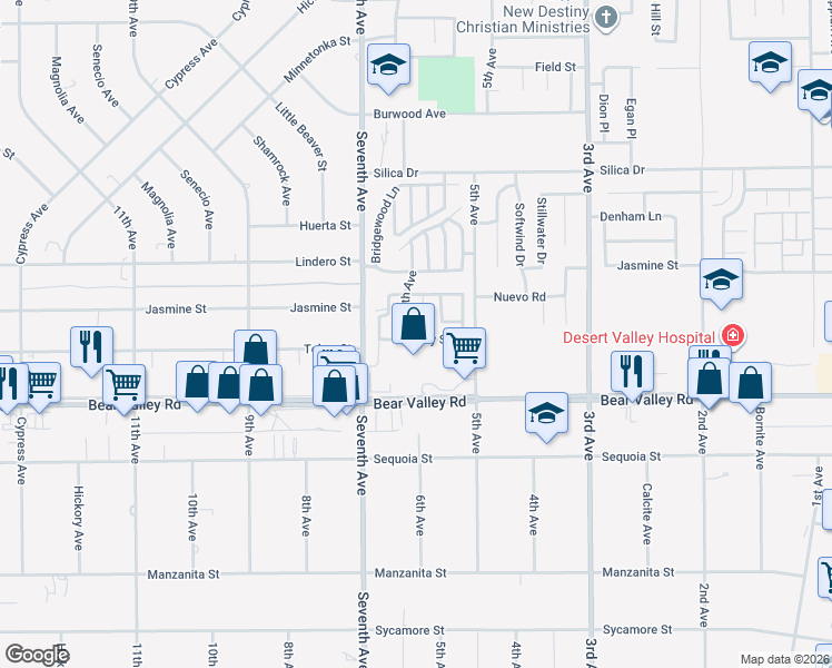 map of restaurants, bars, coffee shops, grocery stores, and more near 16196 Tokay Street in Victorville