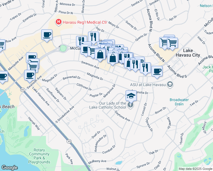 map of restaurants, bars, coffee shops, grocery stores, and more near 1967 Cliffrose Drive in Lake Havasu City