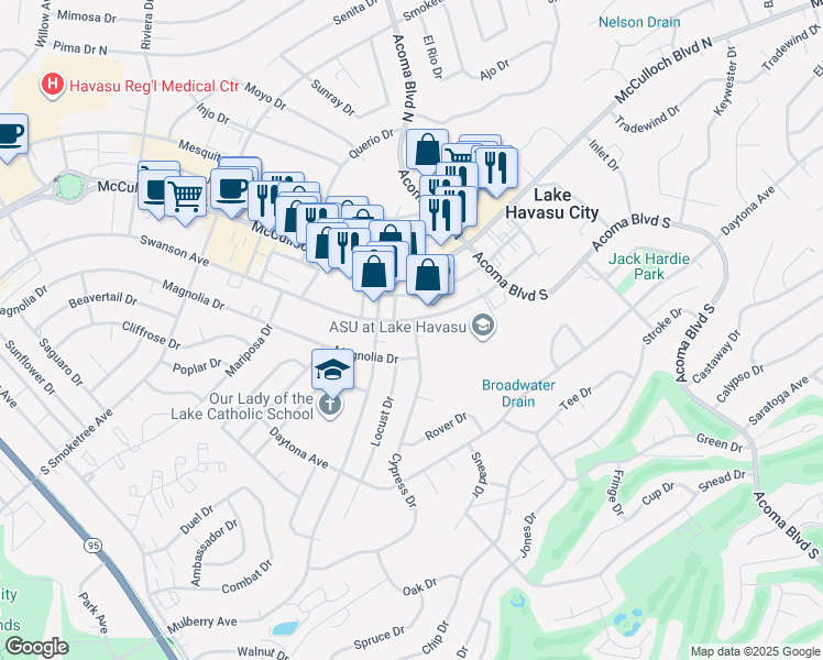 map of restaurants, bars, coffee shops, grocery stores, and more near 2110 Swanson Avenue in Lake Havasu City