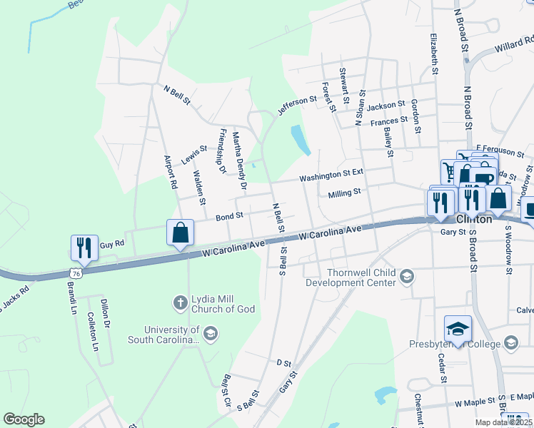 map of restaurants, bars, coffee shops, grocery stores, and more near 111 North Bell Street in Clinton