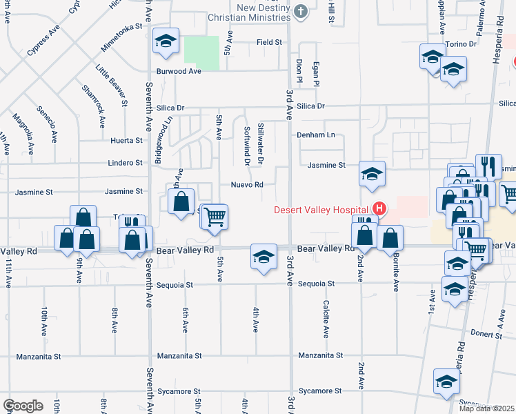 map of restaurants, bars, coffee shops, grocery stores, and more near 12220 Nuevo Court in Victorville