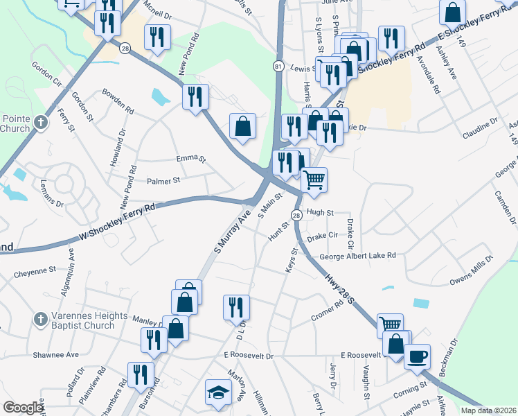 map of restaurants, bars, coffee shops, grocery stores, and more near 3014 South Main Street in Anderson