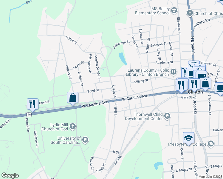 map of restaurants, bars, coffee shops, grocery stores, and more near 111 North Bell Street in Clinton