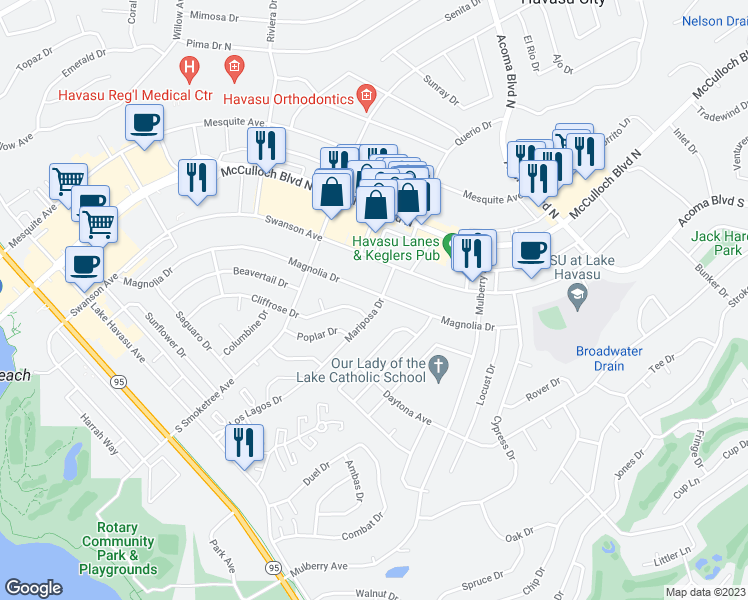 map of restaurants, bars, coffee shops, grocery stores, and more near 91 Mariposa Drive in Lake Havasu City