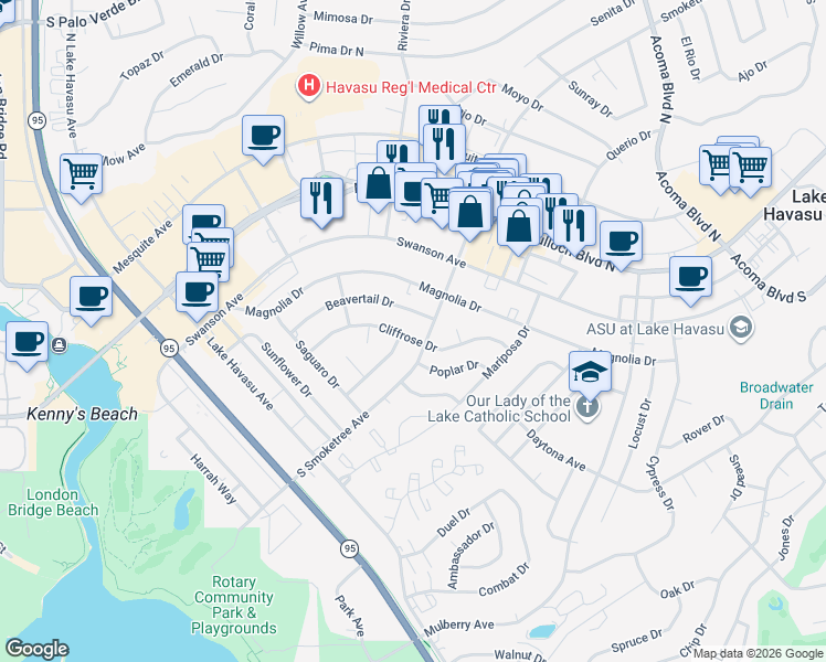 map of restaurants, bars, coffee shops, grocery stores, and more near 1849 Cliffrose Dr in Lake Havasu City