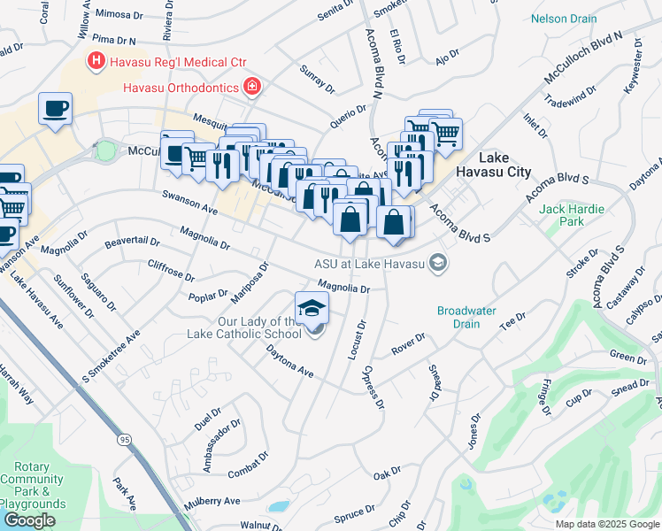 map of restaurants, bars, coffee shops, grocery stores, and more near 2076 Swanson Avenue in Lake Havasu City