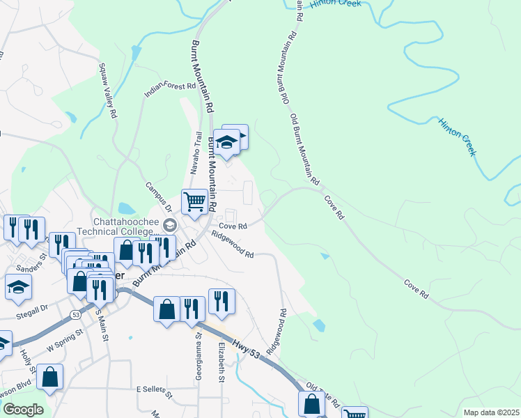 map of restaurants, bars, coffee shops, grocery stores, and more near 201 Cove Road in Jasper