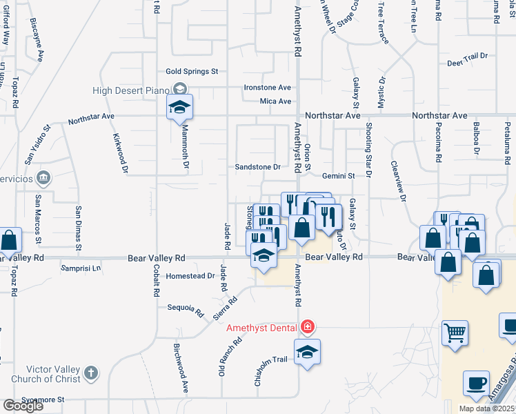 map of restaurants, bars, coffee shops, grocery stores, and more near 13675 Riverstone Drive in Victorville