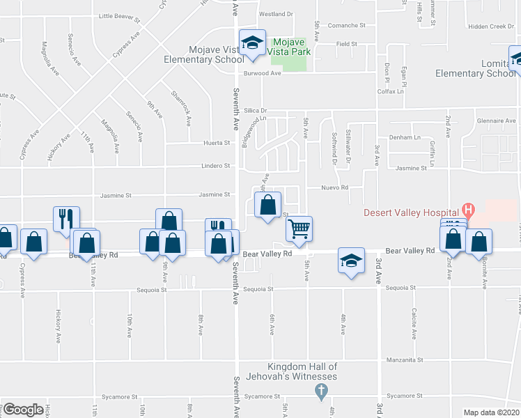 map of restaurants, bars, coffee shops, grocery stores, and more near 12214 6th Avenue in Victorville