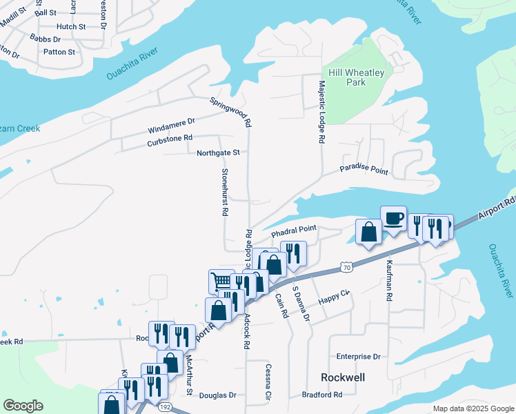 map of restaurants, bars, coffee shops, grocery stores, and more near 100 Springwood Road in Rockwell