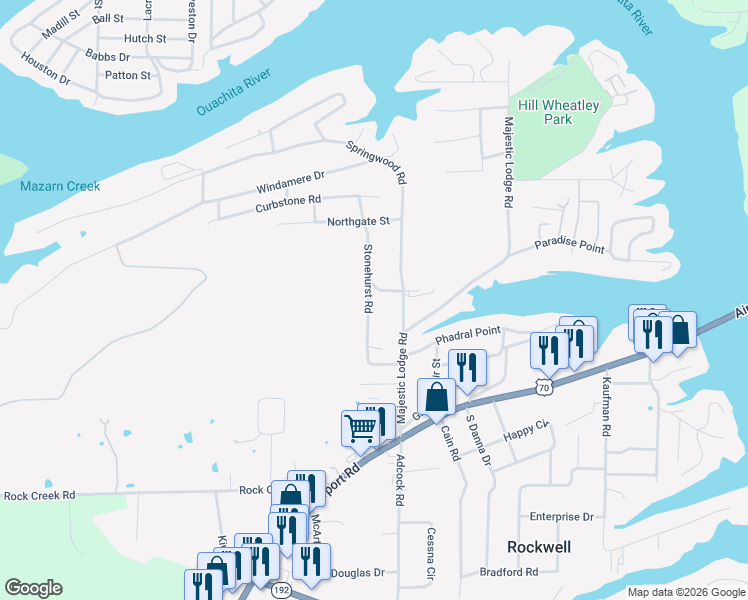 map of restaurants, bars, coffee shops, grocery stores, and more near 134 Stonehurst Road in Hot Springs