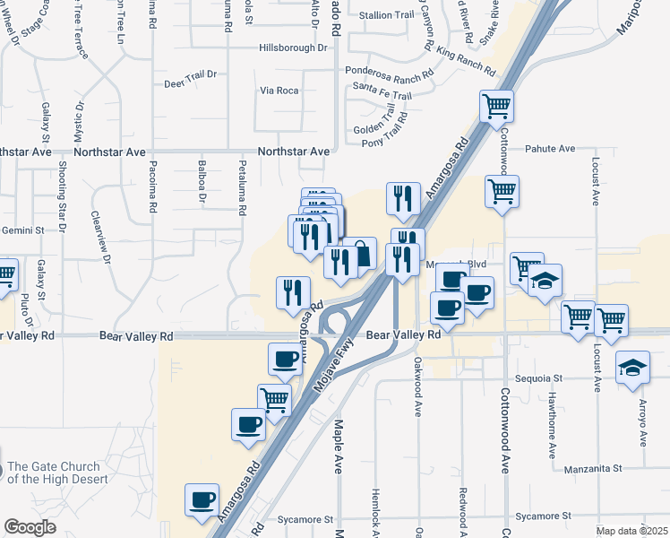 map of restaurants, bars, coffee shops, grocery stores, and more near 14400 Bear Valley Road in Victorville