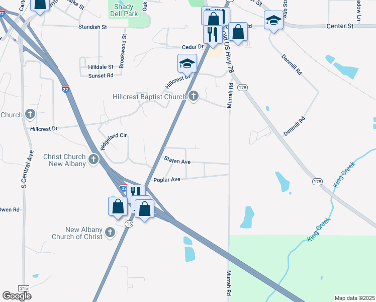map of restaurants, bars, coffee shops, grocery stores, and more near 401 Hollywood Street in New Albany