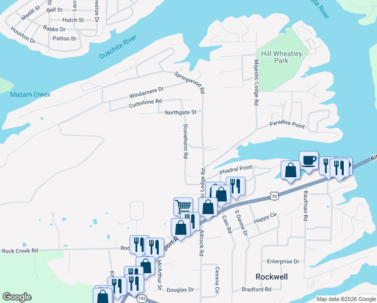 map of restaurants, bars, coffee shops, grocery stores, and more near 134 Stonehurst Road in Hot Springs