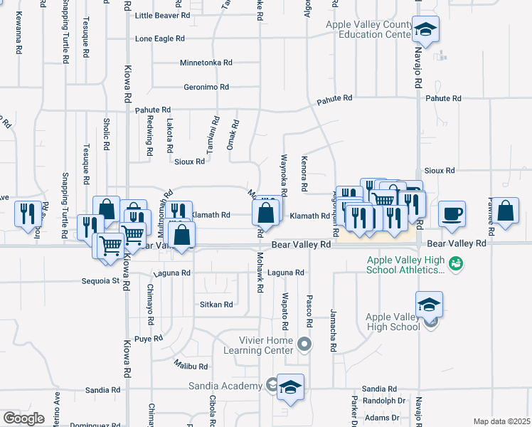 map of restaurants, bars, coffee shops, grocery stores, and more near 21230 Multnomah Road in Apple Valley